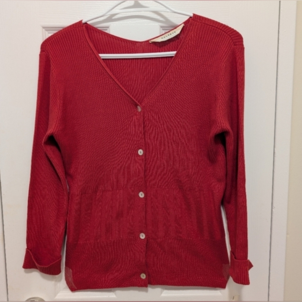 NWT Melrose 100% Silk Cardigan Red V-Neck Ribbed Knit Sweater Old Money Luxury L